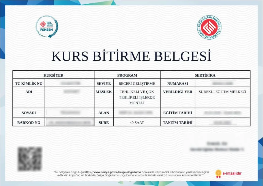 Kurs Bitirme Belgesi